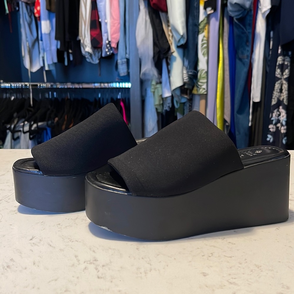 Call it Spring Black Nylon and Vegan Leather Platform Slides